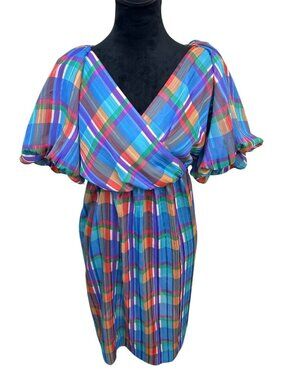 Vintage 80s Act I New York Junior's 5/6 Rainbow Plaid Puff Sleeve Dress